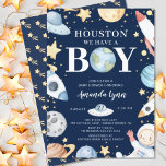 Houston We Have A Boy Outer Space Baby Shower Invitation<br><div class="desc">Adorable baby boy shower invitation featuring an astronaut,  rocket ships,  planets & stars set on a dark blue background.  Flip our cute boys invitation over to view a coordinating shooting star back.  Visit our shop for our entire line including matching diaper raffle & book cards.</div>