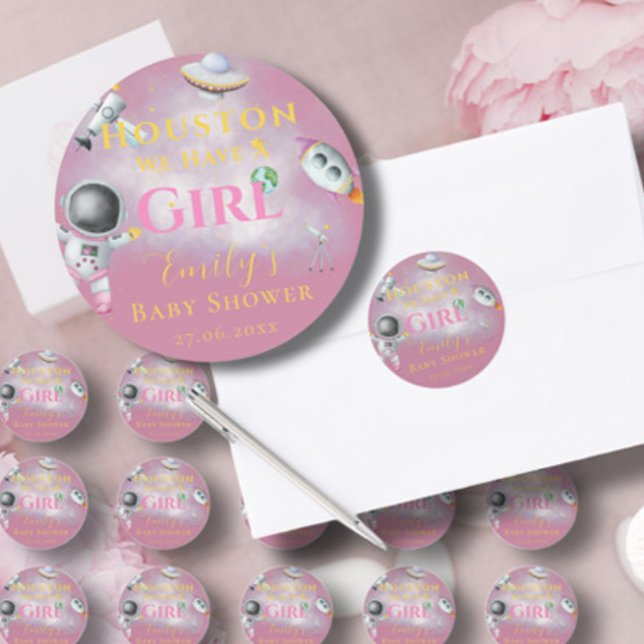 Houston We Have A Girl baby shower Space Astronaut Classic Round Sticker (Creator Uploaded)