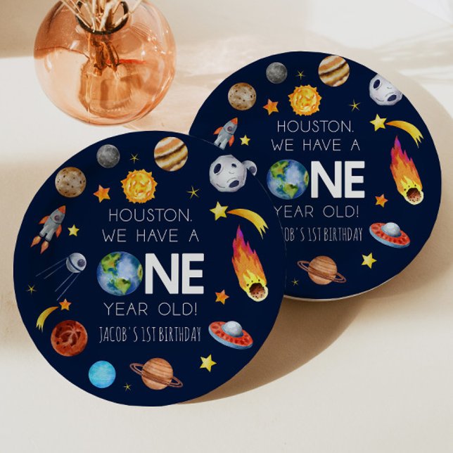 Houston We Have A One Year Old 1st Birthday Party Paper Plate (Creator Uploaded)