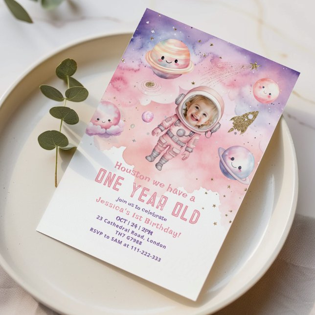 Houston we have a One year old pink girl photo Invitation (Creator Uploaded)
