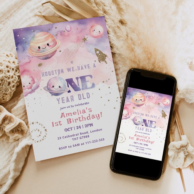 Houston we have a One year old Space girl pink Invitation (Creator Uploaded)