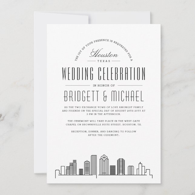 Houston Wedding | Modern Deco Skyline  Invitation (Front)