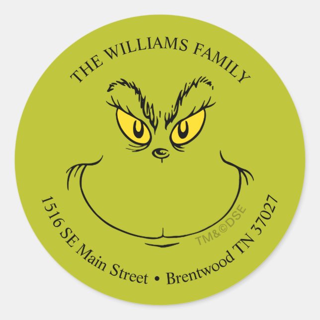 How Grinch Stole Christmas Face - Address Classic Round Sticker (Front)