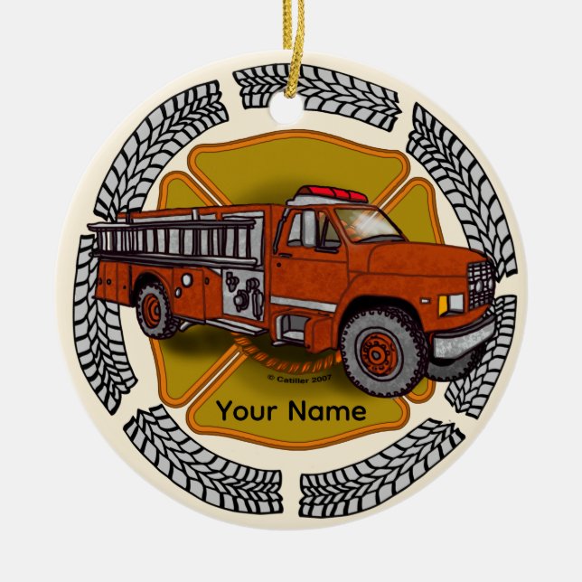 How I Roll Firefighter Firetruck Ceramic Tree Decoration (Front)