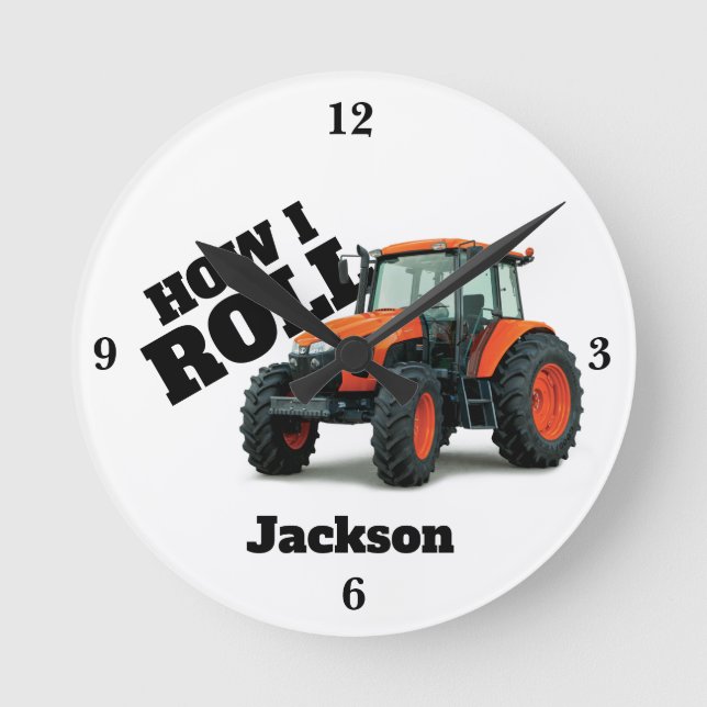 "How I Roll" with Orange Farm Tractor  Round Clock (Front)