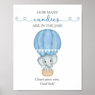 How Many Candies Blue Elephant Baby Shower Game Poster