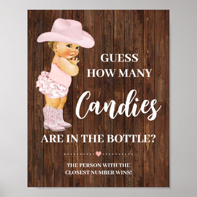 How many Candies Cowgirl Baby Shower Game Sign (Front)
