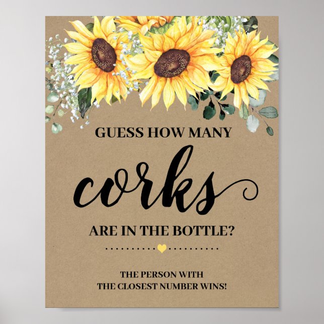 How Many Corks Greenery Sunflower Shower game sign (Front)