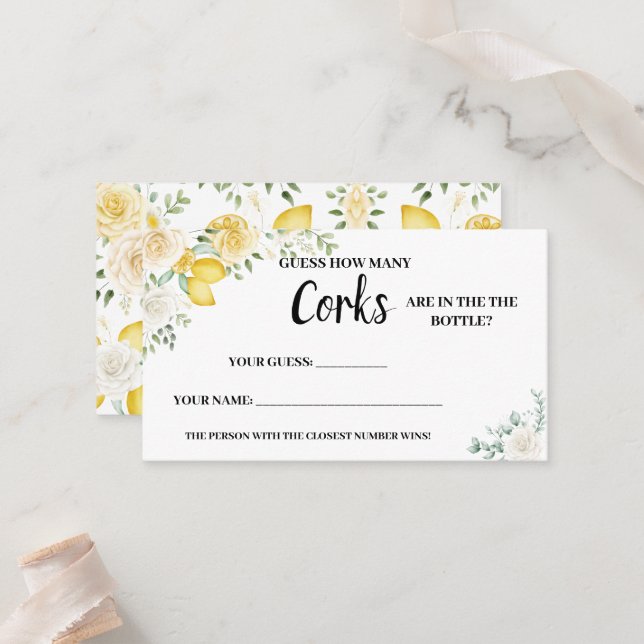 How Many Corks Lemons & Roses Bridal Shower Game Place Card (Front/Back In Situ)