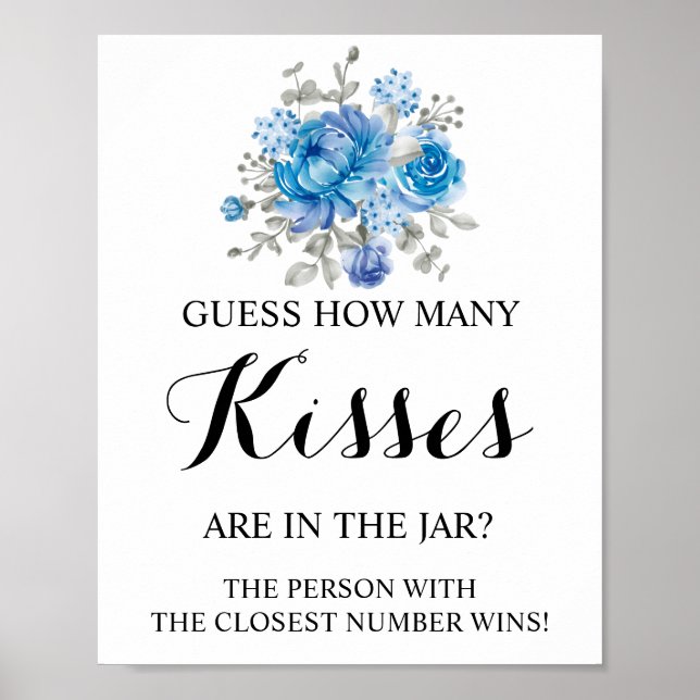 How Many Kisses Blueflower Bridal Shower Game Sign (Front)
