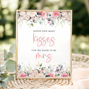 How Many Kisses Blush Floral Bridal Shower Game  Poster