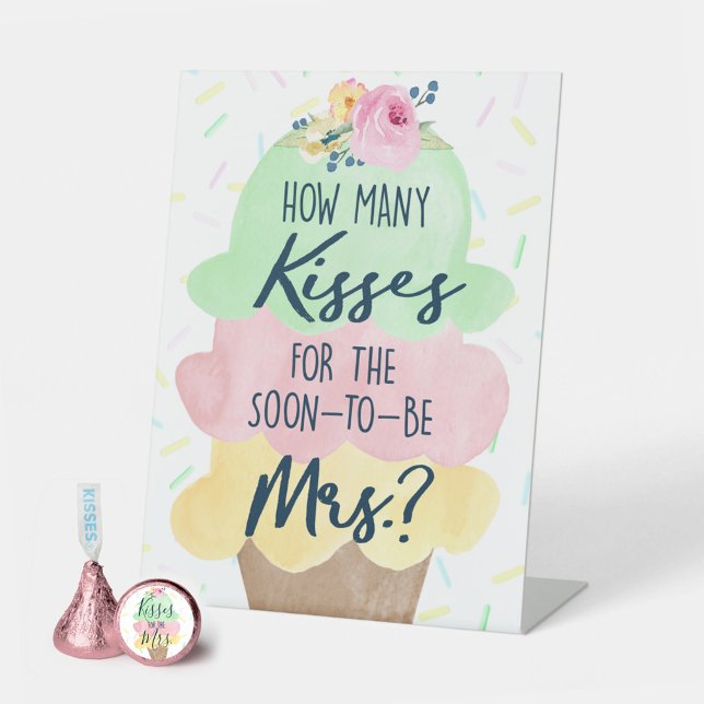 How Many Kisses for Mrs. Ice Cream Bridal Shower Pedestal Sign (How Many Kisses for Mrs Bridal Shower Game Table Pedestal Sign)