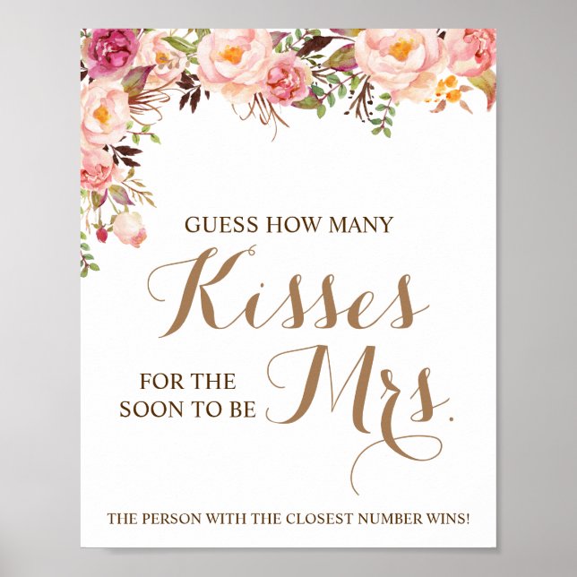 How Many Kisses for Mrs Pink Shower Game Sign (Front)
