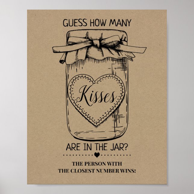 How many kisses rustic bridal shower game sign (Front)