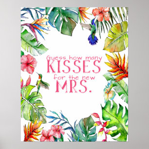 How Many Kisses Tropical  Bridal Shower Game Poster
