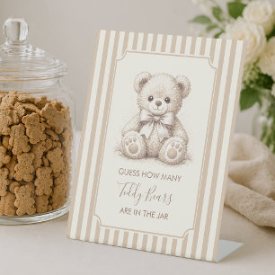 How Many Teddy Bears Brown Stipes Cute Baby Shower Pedestal Sign