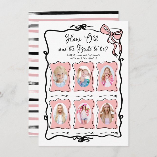 How Old was Bride Hand Drawn Bow Bridal game Invitation (Front/Back)