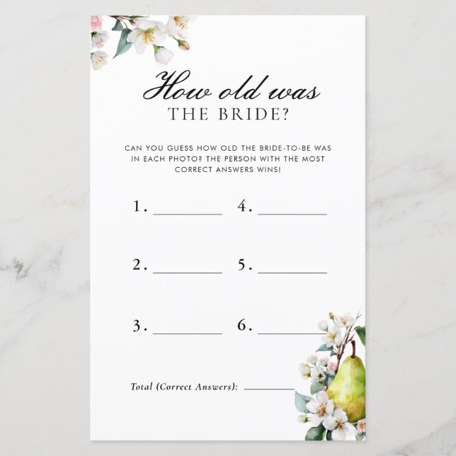 How Old Was Bride Perfect Pear Bridal Shower Game (Front)