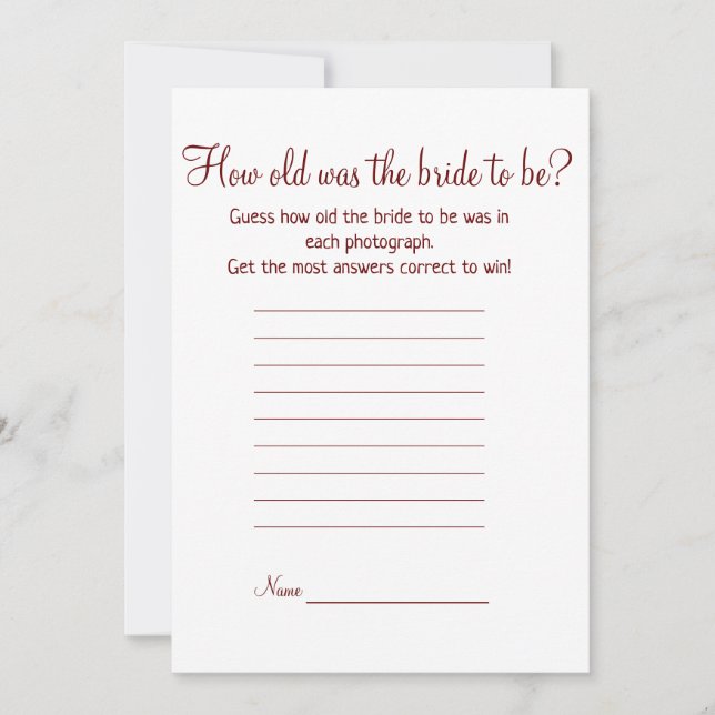 how old was bride to be bridal shower game holiday card (Front)