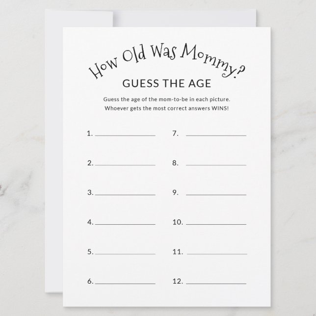 How Old Was Mummy Minimalist Baby Shower Game  Card (Front)