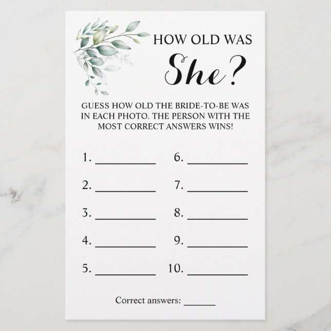How old was She? Greenery Eucalyptus Game Card (Front)