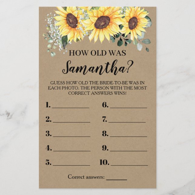 How Old Was She Greenery Sunflowers Game Card (Front)
