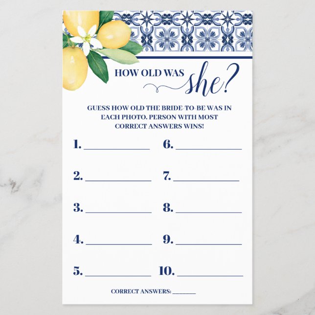How old was She Mediterranean Shower Game Card (Front)