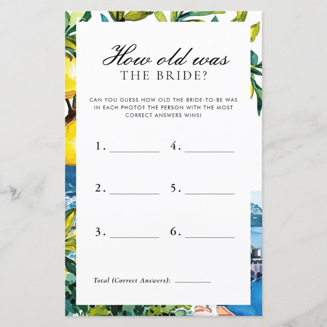 How Old Was The Bride Amalfi Bridal Shower Game (Front)