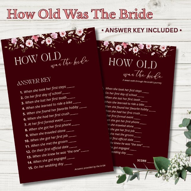 How Old Was the Bride Answer Key | Burgundy Floral (Creator Uploaded)