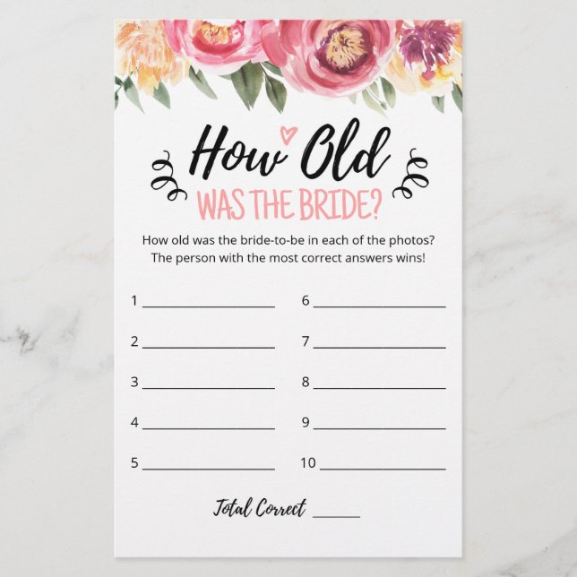 How Old Was The Bride Bridal Shower Game (Front)