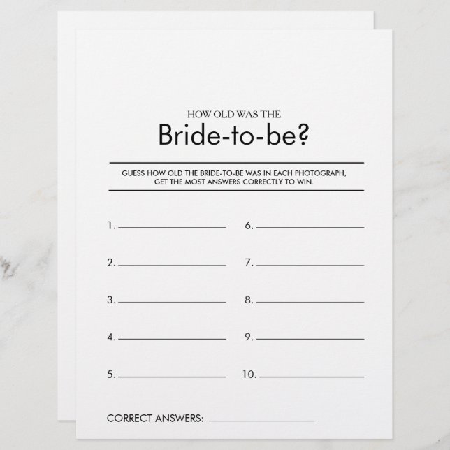 How Old Was the Bride-To-Be Bridal Shower Game (Front/Back)