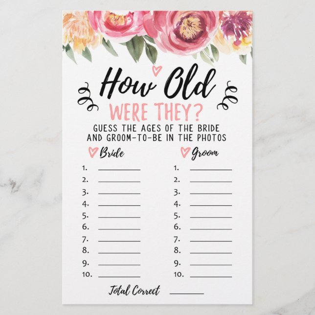 How old were they Bridal Shower or Hen Party game (Front)