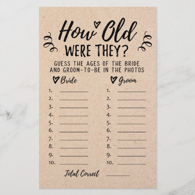 How old were they Bridal Shower or Hen Party game (Front)