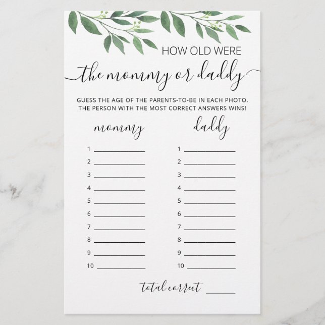 How old were they game Baby Shower party game (Front)