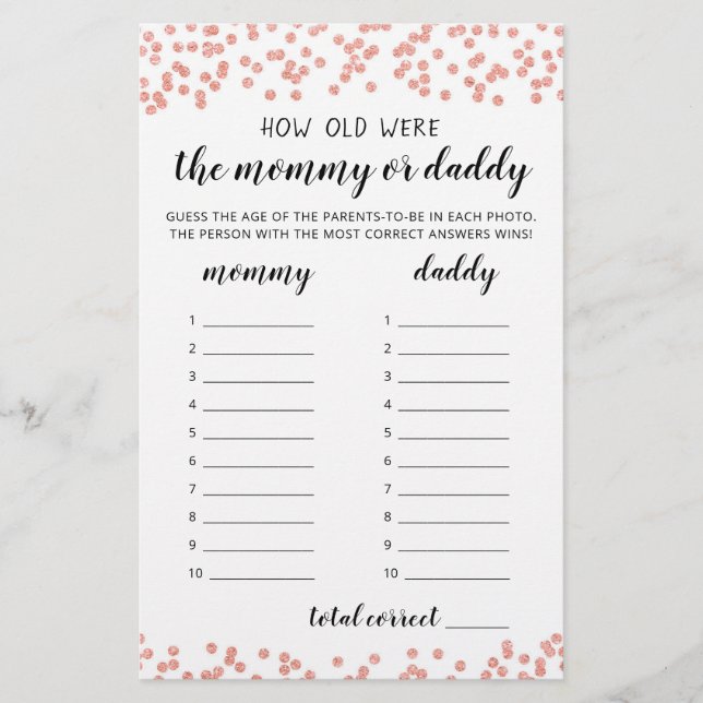 How old were they game Baby Shower party game (Front)