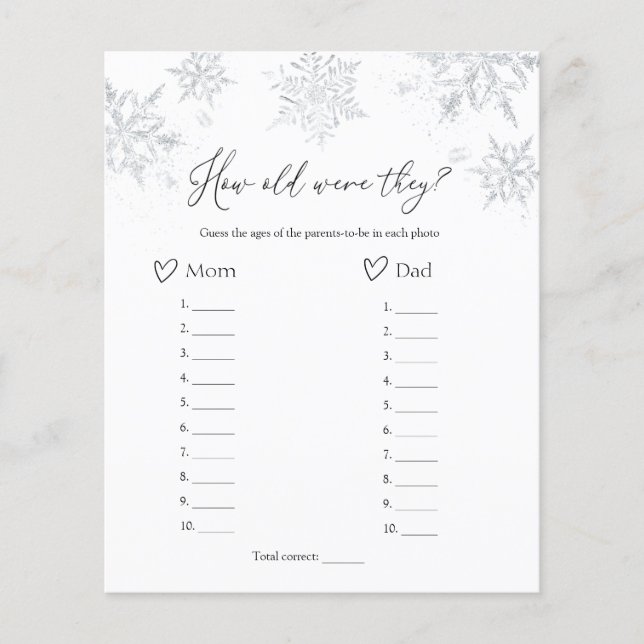 How Old Were They Snowflake Baby Shower Game  (Front)