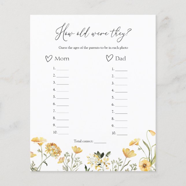 How Old Were They Wildflower Baby Shower Game  (Front)