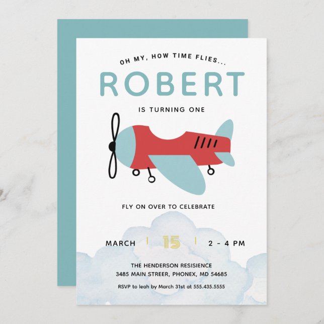 How Time Flies Aeroplane Birthday , Modern Plane Invitation (Front/Back)