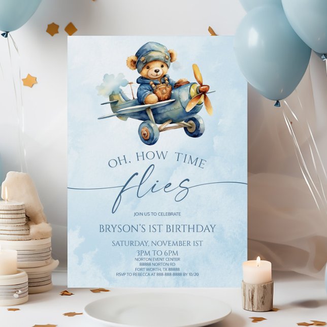 How Time Flies Aeroplane Teddy Bear Birthday Party Invitation (Creator Uploaded)