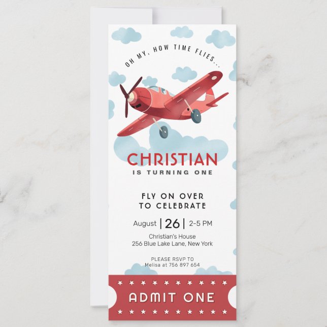 How time Flies Red Aeroplane Admit One Party Ticke Invitation (Front)