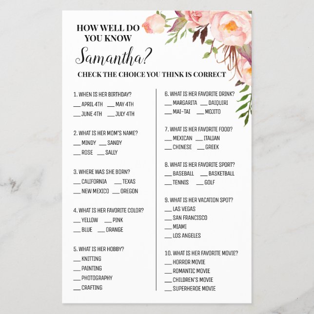 How well do you know Bride Bridal Shower Game card (Front)