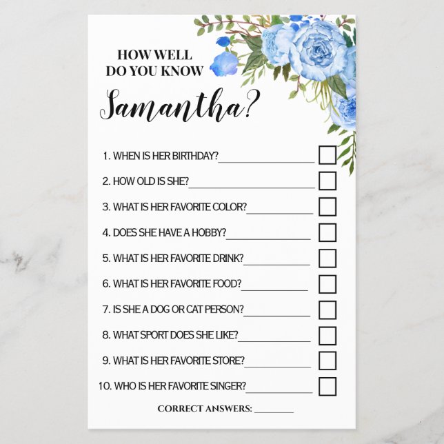 How well do you know Bride Bridal Shower Game card (Front)