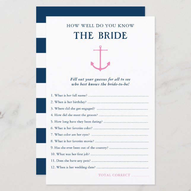 How Well Do You Know Bride Nautical Shower Game (Front/Back)