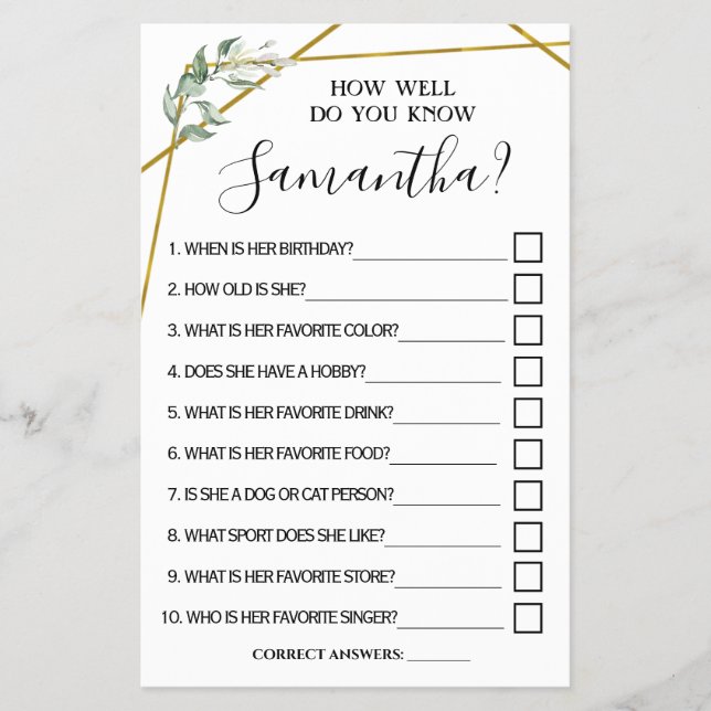 How well do you know bride to be shower game card (Front)