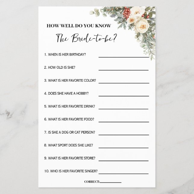 How Well Do You Know Bride Winter Shower Game Card (Front)
