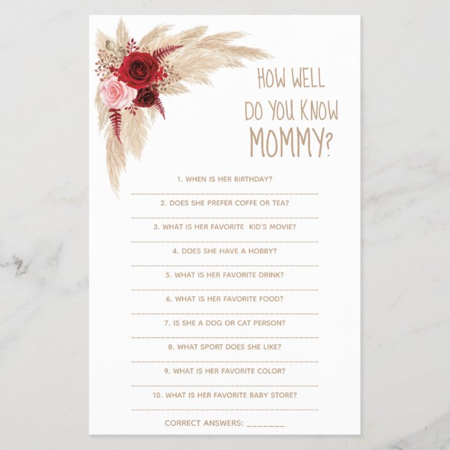  How Well Do You Know Mum Baby Shower Game Card (Front)