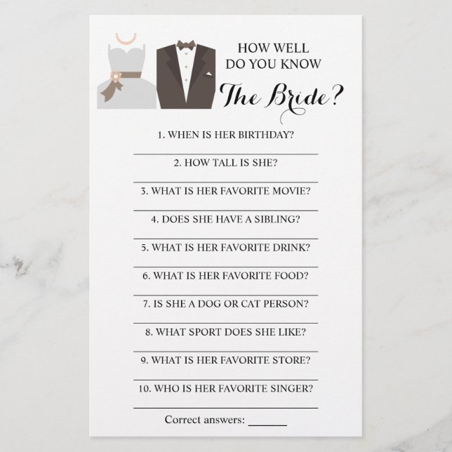 How Well Do You Know The Bride? B & G Game Card (Front)