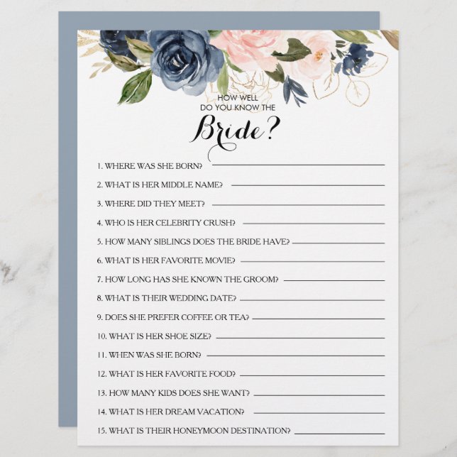 How Well Do You Know the Bride Bridal Shower Game (Front/Back)