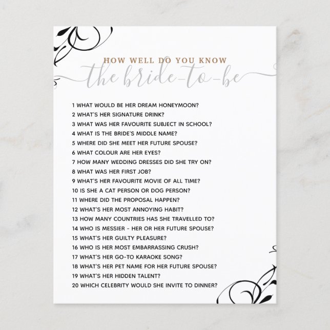 How Well Do you Know The Bride Bridal Shower Game (Front)