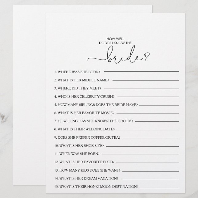 How Well Do You Know the Bride Bridal Shower Game (Front/Back)
